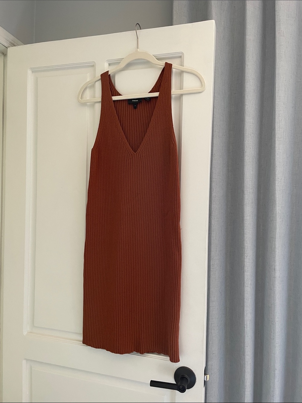 Theory Ribbed V-Neck Mini Dress in Rust Bronze petite